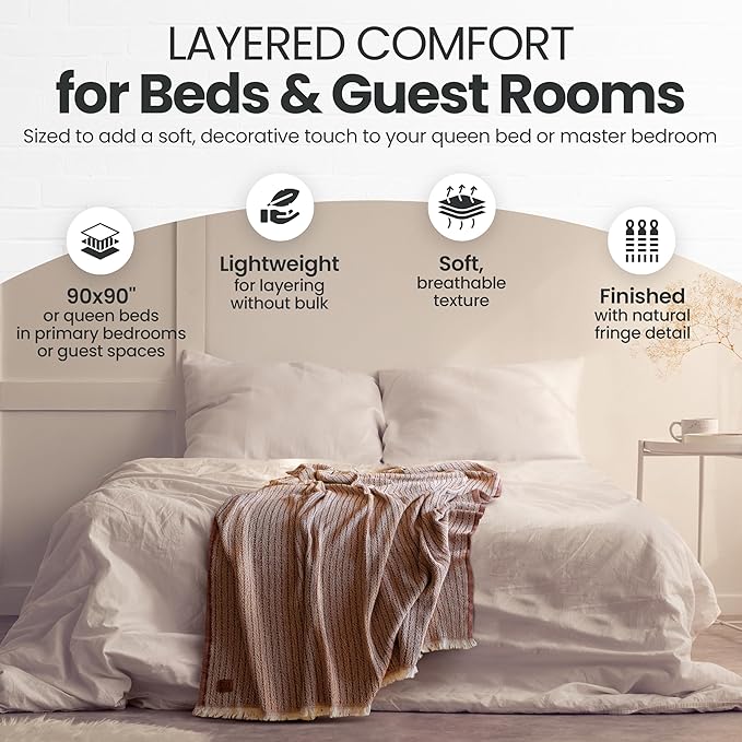 Gold Case Throw Blanket for Bed – 100% Recycled Turkish Cotton Bed Blanket – Decorative Throw Cotton Blankets for Living Room & Bedroom – Elegant Beige Woven Queen Blankets – 90x90-HomvellaHome
