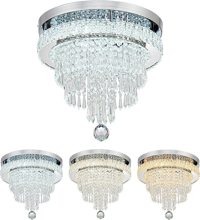 16“ Crystal Chandeliers Round Modern LED Chandelier Light Flush Mount Ceiling Light Fixtures with Remote Control for Bedroom Living Room Dining Room (dimmable)-HomvellaHome