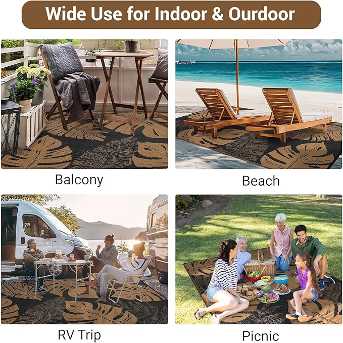 GAOMON Outdoor Patio Rug 9x18 Waterproof Outdoor Plastic Straw Rug Reversible Camping Mat, Foldable Portable RV Picnic Carpet with Bag & 4 Stakes, UV Resistant Outside Carpet for Deck Balcony, Brown-HomvellaHome