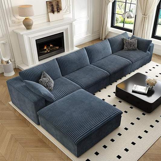 157.5" Cloud Couch Modular Sectional Sofa for Living Room,Modern Sofa with Deep Seat，L-Shape Boneless Couch with Ottoman,Comfy Upholstered Corduroy Couches for Apartment, Studio, Office,Bedroom，Blue-HomvellaHome