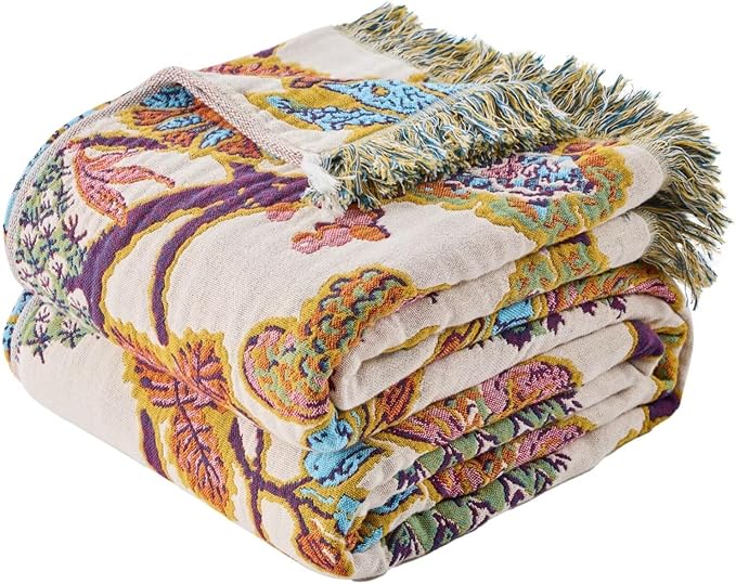 100% Muslin Throw Blanket for Couch, Butterfly and Floral Double Embroidery Fall Throw Blanket 60"x80" for Sofa, Chair, Woven Cotton Reversible Mexican Blanket-HomvellaHome