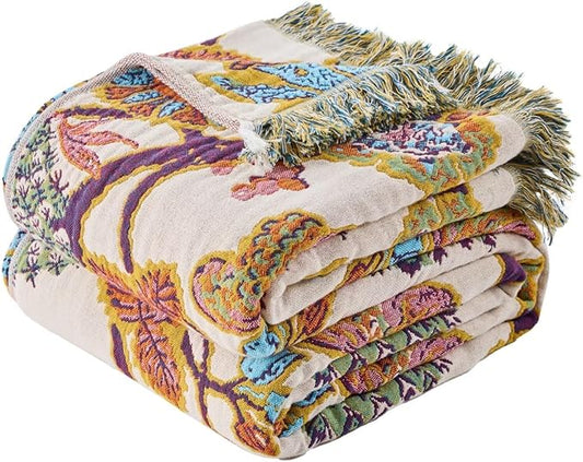 100% Muslin Throw Blanket for Couch, Butterfly and Floral Double Embroidery Fall Throw Blanket 60"x80" for Sofa, Chair, Woven Cotton Reversible Mexican Blanket-HomvellaHome