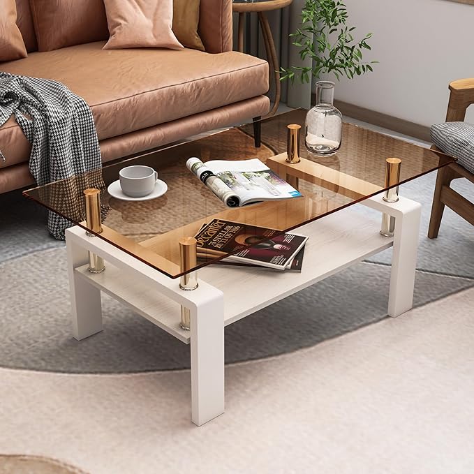 Glass Coffee Table Rectangle Living Room Center Table, with Brown Tempered Glass Tabletop and White MDF Layer,for Living Room and Office, Brown+White-HomvellaHome