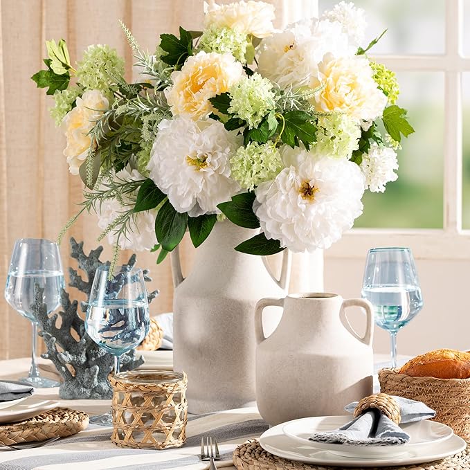 Mitt&Ditt Ceramic Flower Vase with Handles, 8 inch Tall Off-White Vase, Decorative Terracotta Vases, Farmhouse Rustic Pottery Vases for Home Decor, Living Room, Table-HomvellaHome