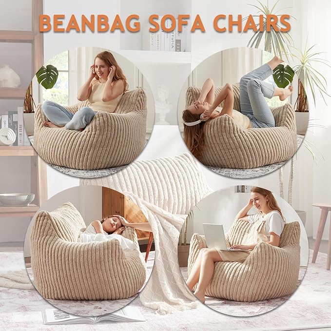 Giant Bean Bag Chairs for Adults with Filling Plush Fluffy Bean Bag Chairs for Teens with Armrests Comfy BeanBag Lazy Couch Sofa Chair for Bedroom Living Room Reading-HomvellaHome