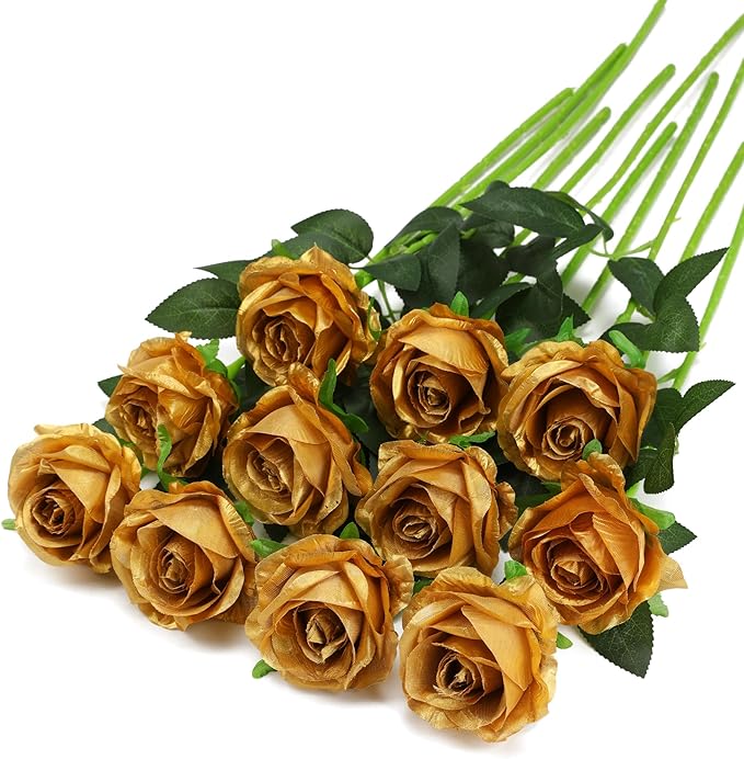 Gold Fake Roses Artificial Flowers - 10 Pcs Fake Artificial Roses Silk Flowers with Stems for Home Wedding Hotel Office Centerpiece Decor-HomvellaHome