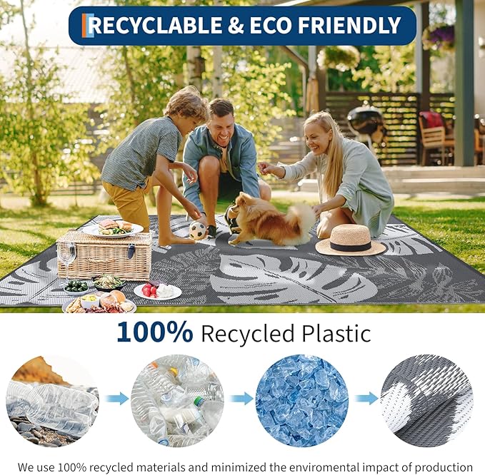 GAOMON Outdoor Rug Waterproof 9x12 Outdoor Plastic Straw Rug for Patio, Reversible Modern Camping Mat with Bag & Stakes, UV Resistant & Easy to Clean Carpet for RV, Deck, Balcony, Grey-HomvellaHome