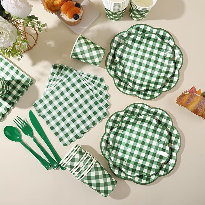 175 Pcs Green Gingham Plates and Napkins Party Supplies - Green and White Checkered Plates Sets Serve 25 Guests - Scalloped Gingham Paper Plate for Birthday Picnic BBQ Golf Party Decorations-HomvellaHome