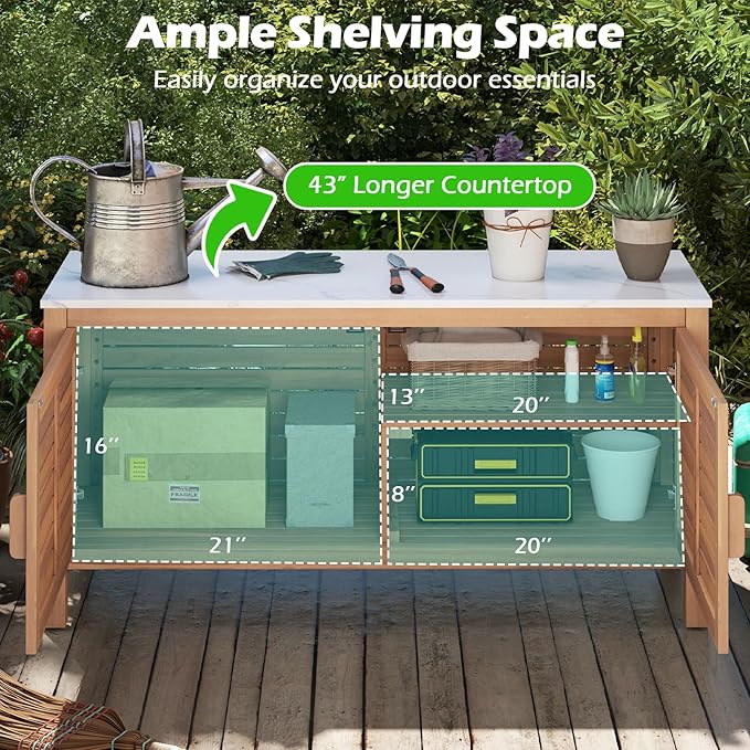 Goplus Patio Storage Cabinet, 2-Door Acacia Wood Storage Container with Faux Marble Top, Outdoor Wooden Sideboard for Deck, Garden, Lawn and Backyard-HomvellaHome