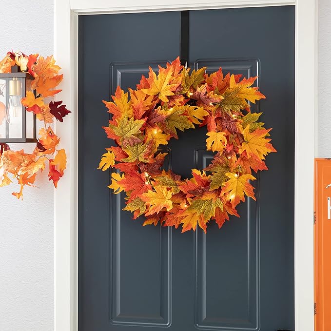 Glitzhome 24 Inch Pre-lit Fall Wreath, Autumn Wreath for Front Door, Lighted Maple Leaves Wreaths with Timer for Thanksgiving Halloween Christmas Wall Front Porch Home Decoration-HomvellaHome
