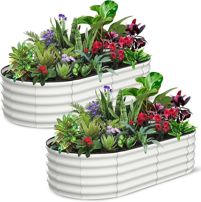2 Pcs 6x3x1.5ft Oval Raised Garden Bed, Galvanized Raised Beds,Open-Ended Base Metal Raised Planter Beds,Garden Bed Outdoor,Planter Raised Boxes for Vegetables, Flowers,Tool-Free Asse,White-HomvellaHome