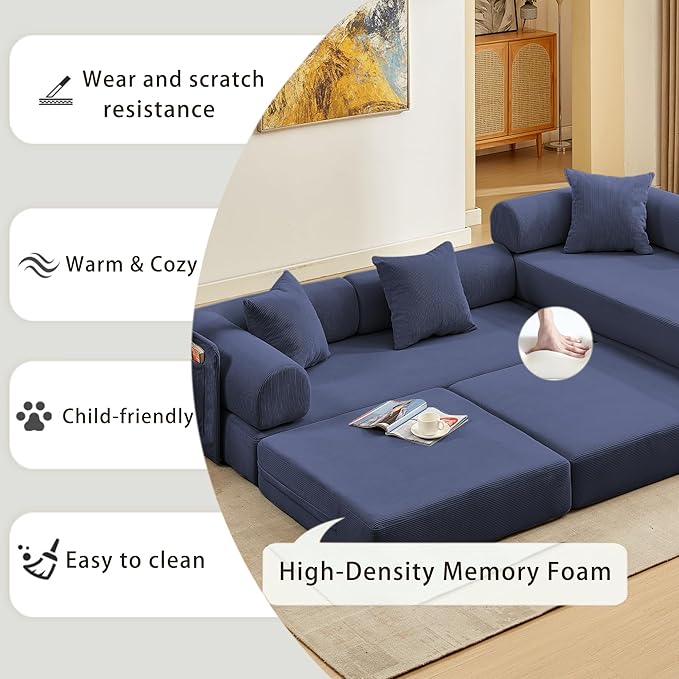 107" Oversized Convertible Sleeper Sofa Bed, Corduroy L Shape Sectional Couch, Folding Sofa Bed with Side Pocket, Modern Cloud Floor Mattress Couch,Modular Sofa for Living Room,Dark Blue-HomvellaHome