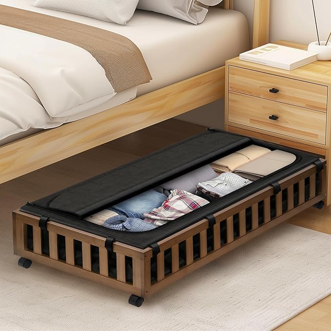 2 Pack Bamboo Under Bed Storage with Wheels, 39”x20”x7.8” Lager Under Bed Storage Containers (Brown)-HomvellaHome