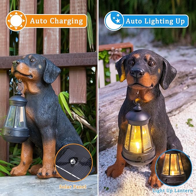 Garden Dog Statues Outdoor Decor, 13" Solar Powered LED Lights Outdoor Statue Garden Decorations Rottweiler Figurine for Patio, Lawn, Yard Art Decoration, Housewarming Garden Gift-HomvellaHome