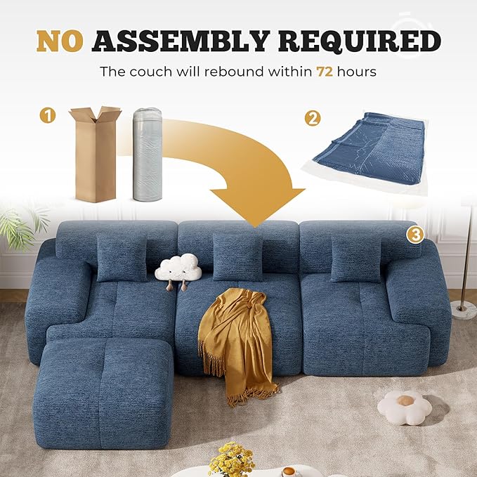 122" Modern L Shaped Modular Sectional Sofa, Boneless Couches for Living Room with Ottoman,4 Seater Convertible Chenille Cloud Couch Sofa Set, No Assembly Required, Blue 1 PCS-HomvellaHome