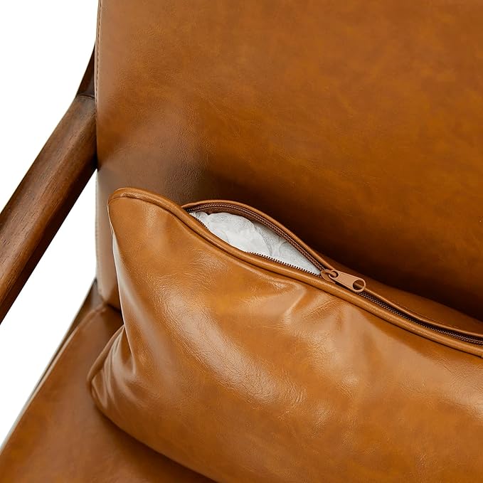 Glitzhome 30" H Mid Century Yellowish Brown Accent Armchair, Single Reading Sofa, PU Leather Lounge Chair with Walnut Ruberwood Frame for Livingroom or Office-HomvellaHome