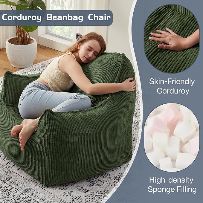 Giant Bean Bag Chair Sofa for Adults Teens, Comfy Corduroy Large Bean Bag Chairs with Armrests for Bedroom Living Room, Adult BeanBag Lazy Sofa Couch Chairs with Filler Included-HomvellaHome