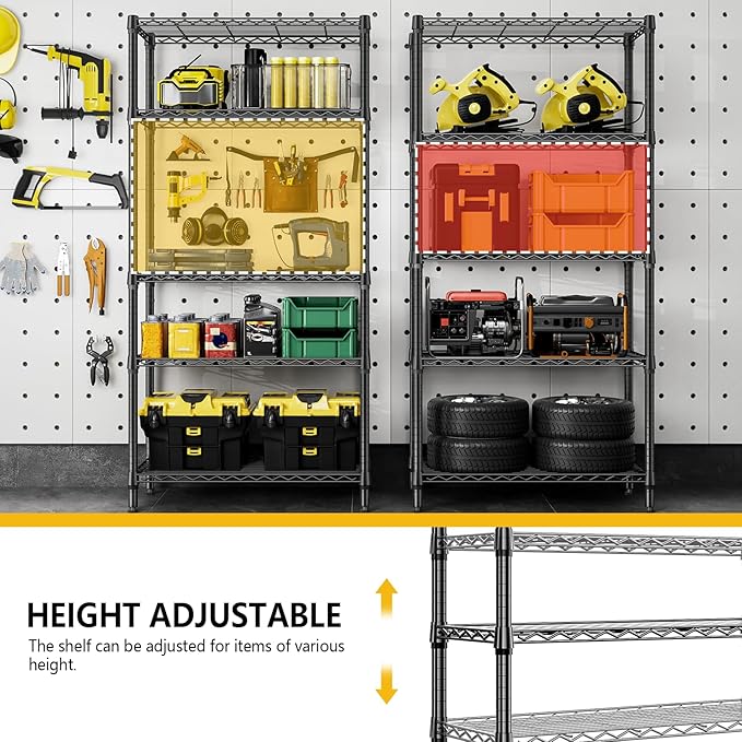 1250 lbs 5 Tier Shelf Metal Storage Shelves Shelving Wire Rack Heavy Duty Closet Organizers for Garage Kitchen Bathroom Laundry Black 13.8" D x 35.4" W x 68.5" H-HomvellaHome
