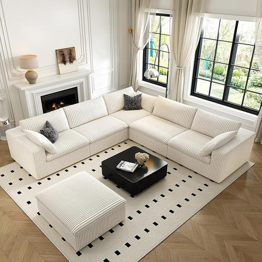 118" Cloud Couch Oversized Modular Sectional Sofa for Living Room,Modern Sofa with Deep Seat，6 Seater Boneless Couch,Comfy Upholstered Corduroy Couches for Apartment, Studio, Office,Bedroom，White-HomvellaHome