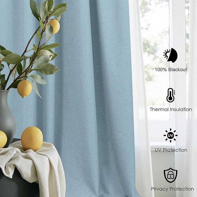 100% Blackout Curtains 90 Inches Long for Living Room 2 Panels Set Light Blocking Heat Darkening Energy Saving Curtain Window Coverings Coastal Beach Linen Farmhouse Drapes Bedroom Stone Blue Chambray-HomvellaHome