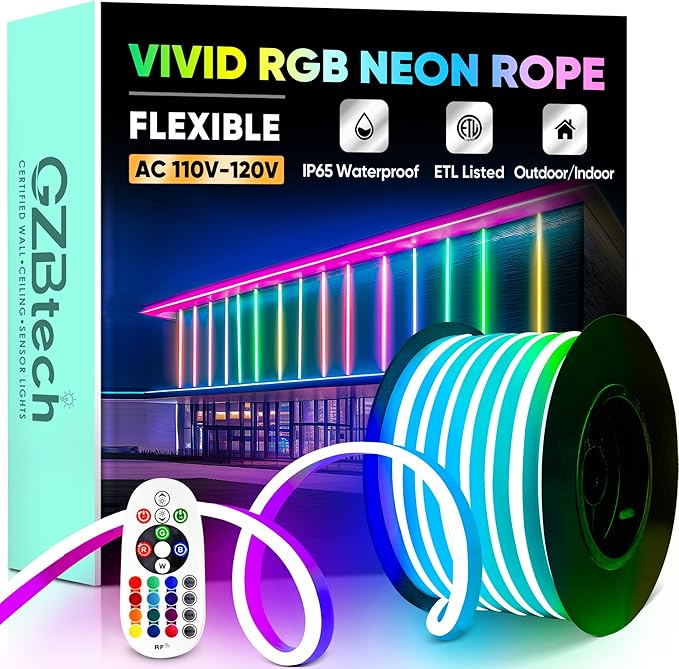 GZBtech RGB LED Neon Rope Lights 50FT/15M, AC 110-120V Waterproof Color Changing LED Rope with Remote Controller, Dimmable Multi Color Neon Rope Lighting for Indoor Outdoor Commercial Use-HomvellaHome