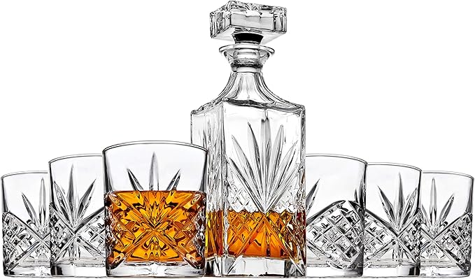 Godinger Whiskey Decanter and 6 Whiskey Glasses Bar set, for Liquor Scotch Bourbon Wine - Dublin Crystal Collection-HomvellaHome