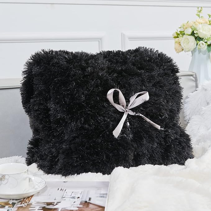 GONAAP Fuzzy Faux Fur Throw Blanket Black Super Soft Cozy Plush Fuzzy Shaggy Blanket for Couch Sofa Bed (Black, Throw(50"x60"))-HomvellaHome
