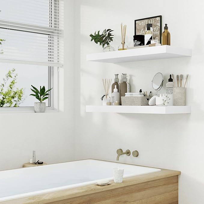 12" Deep White Floating Shelves,Over Toilet Long Wall Mounted Modern Farmhouse 36 inches,Wall Shelves with Invisible Brackets for Bedroom, Bathroom, Living Room, Kitchen, Set of 1-HomvellaHome