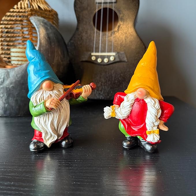 Garden Gnome Duo Decorative Figurines 5.5“ Ornament for Indoor Outdoor Home Garden Decor，Musical Violin Player and Dancing, Colorful Outdoor Statues, Set of 2-HomvellaHome