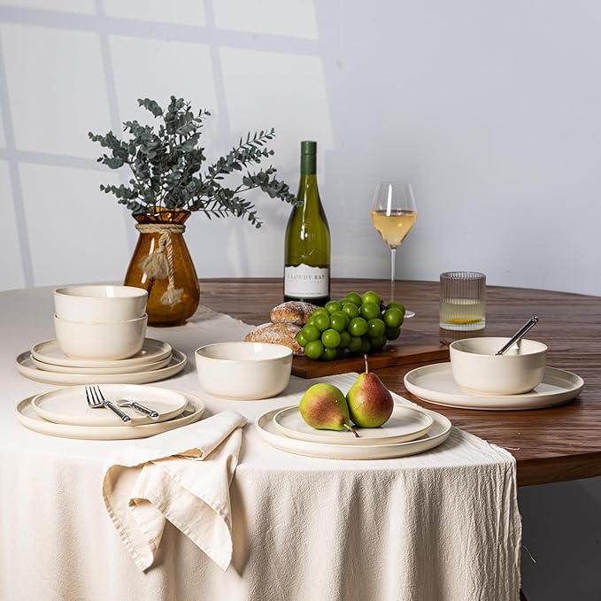 GBHOME Ceramic Dinnerware Sets for 4, 12 Pieces Stoneware Plates and Bowls Sets, Scratch Resistant Dishes, Dishwasher & Microwave Safe, Reactive Glaze-Vanilla color-HomvellaHome