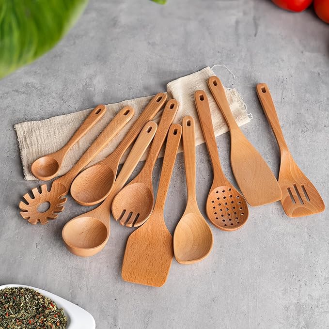 11 PCS WOSPONFAN Kitchen Utensils Set - Wooden Spoons for Cooking, Natural Beech Wood Wooden Utensils - Includes Wooden Spoons, Spatula Set, Slotted Spoon - Handmade Wooden Spoon Set-HomvellaHome
