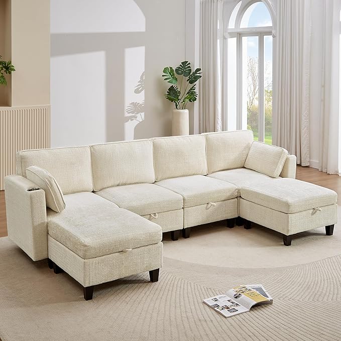 110" Modular Sectional Sofa, Convertible Sleeper Sofa Couch Bed with Adjustable Backrest, U-Shaped Chenille Cloud Couch with Ottoman Storage, Deep Seat Couches for Living Room,Beige-HomvellaHome