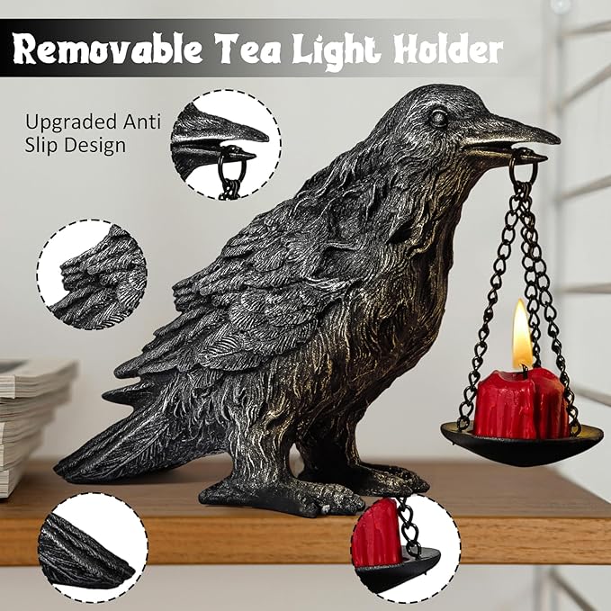 Gothic Home Decor Fake Crow Light Holder Raven Lamp Tealight Candle Holder Resin Statue Half Silver-HomvellaHome