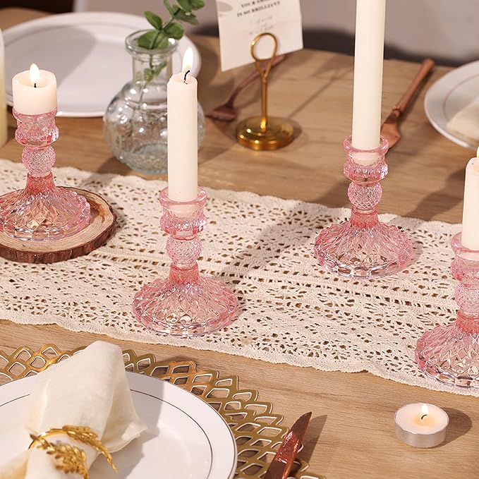 12Pcs Pink Candlestick Holders Set- 4" H Taper Candle Holders Bulk, Glass Candle Holders for Wedding, Party, Romantic Dinner Table Centerpieces, Festival Gifts & Windowsill Decor-HomvellaHome