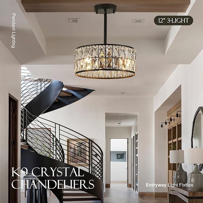 12” 3-Light Modern Crystal Chandeliers Black Dinning Room Light Fixture with Two Poles, Round Pendant Light Kitchen Island Chandelier, Flush Mount Ceiling Light for Living Room Entryway-HomvellaHome