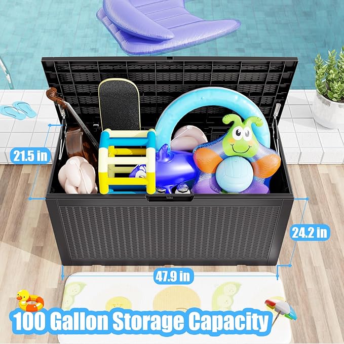 100 Gallon Deck Box,Resin Outdoor Storage Box with Lockable for Patio Furniture, Pool Accessories, Garden Tools Waterproof Outside Storage Box, Black-HomvellaHome