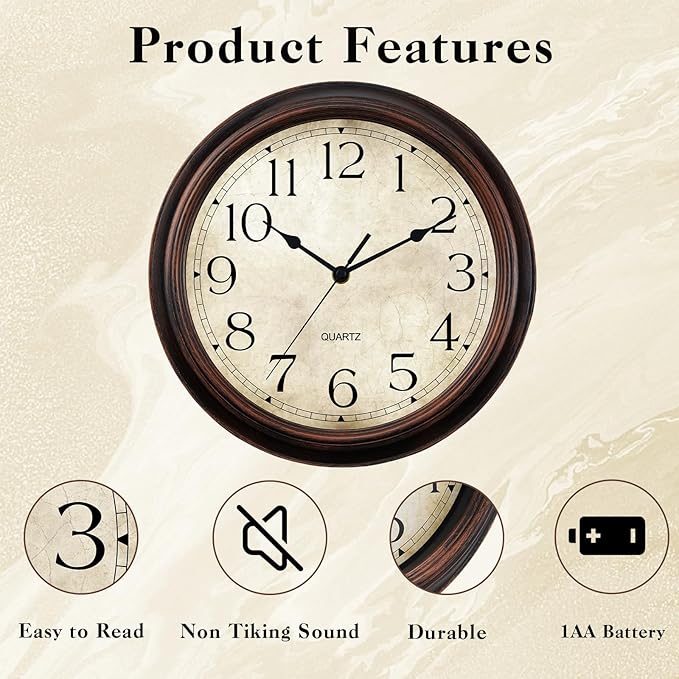 12 Inch Wall Clocks Battery Operated Silent Non-Ticking Analog Wall Clock Vintage Retro Rustic Style Decorative for Living Room Kitchen Home Office(Bronze)-HomvellaHome