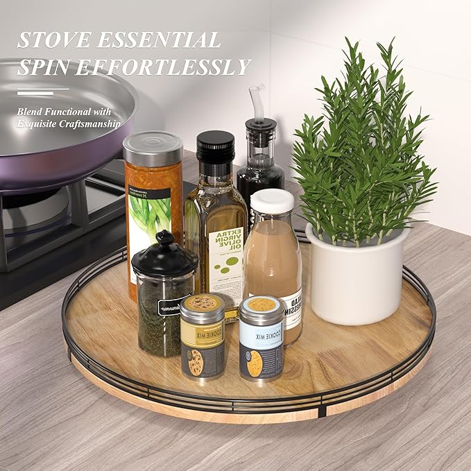 18" Lazy Susan Oak Wood Turntable Organizer for Cabinet, Farmhouse Round Wooden Large Lazy Susan Organization and Storage for Dining Table, Pantry, Kitchen, Countertop, Cupboard, Home Decor-HomvellaHome