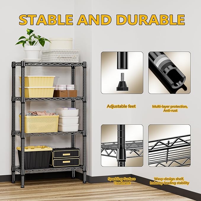 1000 lbs 4 Tier Shelf Metal Storage Shelves Wire Rack Closet Organizers for Garage Kitchen Bathroom Laundry Black 11.8" D x 25.6" W x 45.5" H-HomvellaHome