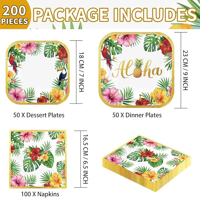 Grencian 200Pcs Hawaiian Luau Party Decorations Aloha Tropical Hibiscus Floral Luau Plates and Napkins Palm Leaf Tableware Sets for Summer Holiday Hawaiian Birthday Dinner Party Supplies Serves 50-HomvellaHome