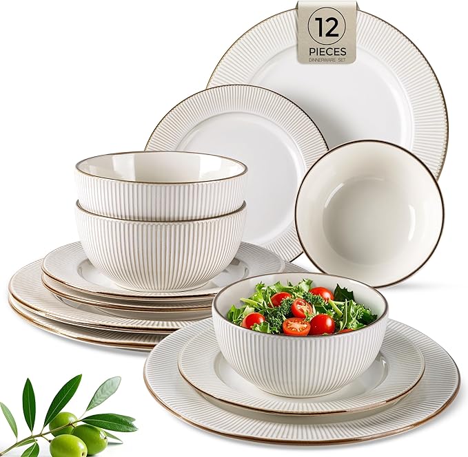 GBHOME Ceramic Dinnerware Sets,12 pcs Embossed Elegant Stoneware Plates and Bowls Sets, Housewarming Wedding Gift | Dishwasher & Microwave Safe | Dishes Set Service for 4-HomvellaHome