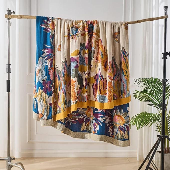 100% Cotton Boho Throw Blanket, King Size Living Room Reversible Fall Throw Blanket, Boho Floral Bird Colorful Retro Quilt Ultra Soft Reversible Gauze Blanket for All Season, 90"x98"-HomvellaHome