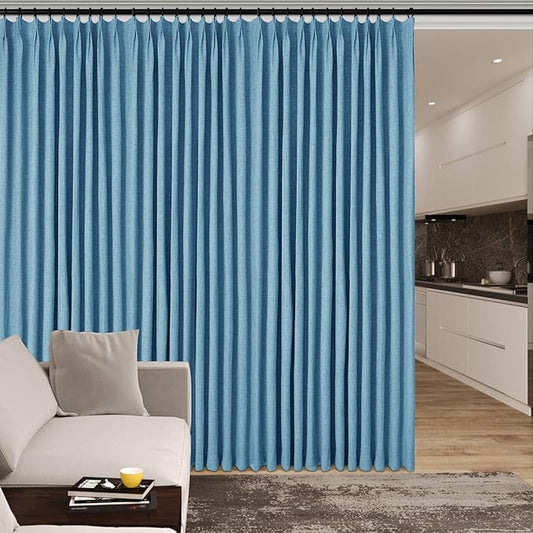 100% Blackout Linen Textured Drapes for Bedroom Pinch Pleated Curtains for Track System Portable Drapery for Sliding Glass Door/Storage/Space Room Divider, 70" Wx96 L, 1 PC, Blue-HomvellaHome