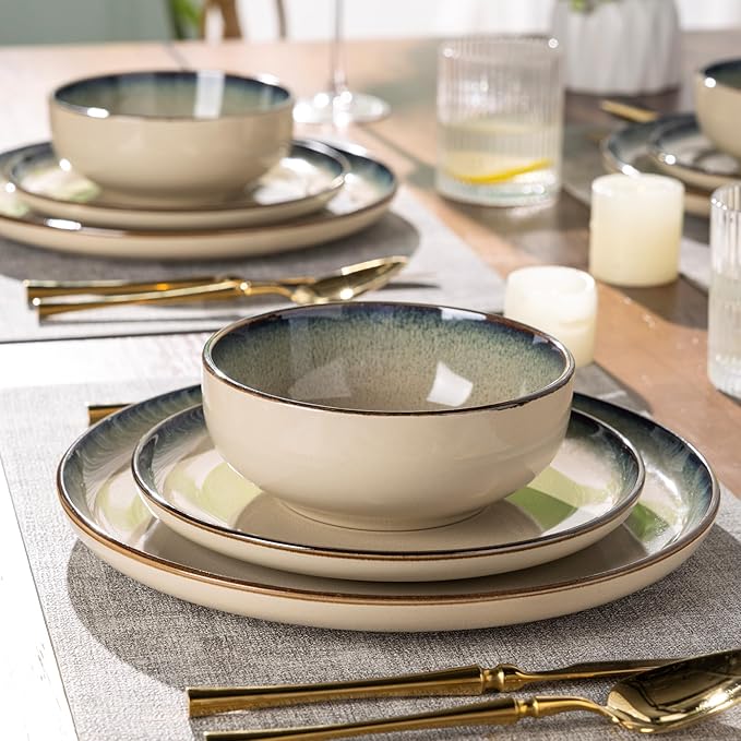 GBHOME Ceramic Dinnerware Sets for 4, 12 Pieces Stoneware Plates and Bowls Sets, Scratch Resistant Dishes, Dishwasher & Microwave Safe, Reactive Glaze-Gravel-HomvellaHome