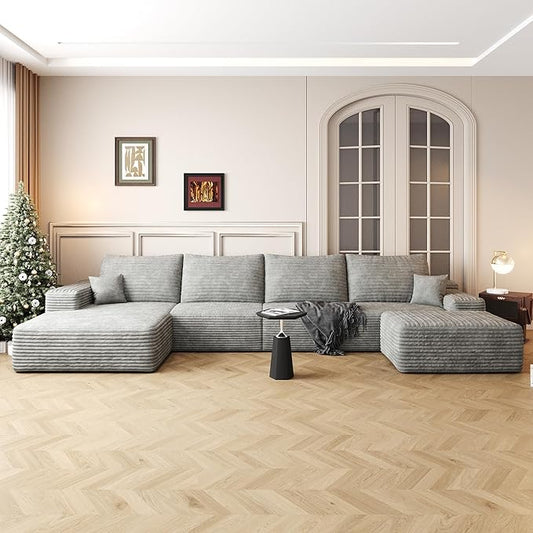 136" Sectional Couches for Living Room Modern Modular Sofa with L-Shape Couchs Upholstered Boneless Couch Deep Seat Sectional Couch with Chaise (Grey, Left Facing Chaise+3Seaters+Ottoman)-HomvellaHome