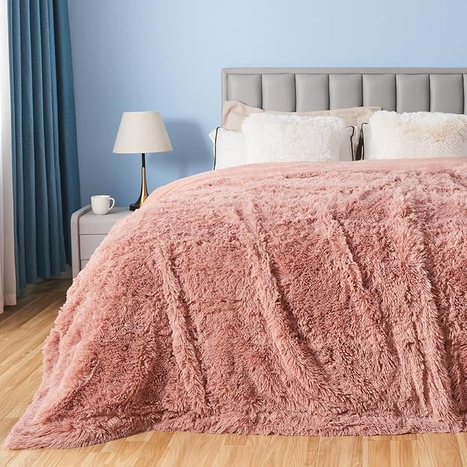 GONAAP Fuzzy Faux Fur Throw Blanket Queen Size Pink Super Soft Cozy Plush Fuzzy Shaggy Blanket for Couch Sofa Bed (Pink, Queen(90"x90"))-HomvellaHome