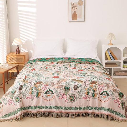 Snycler Cotton Bed Throw with Tassels, Double-Sided Bohemian Spring Flowers Plants Throws for Sofas, 60x80 inch Woven Warm Blanket for Single Sofa, Bedspread and Settee Couch Travel Green