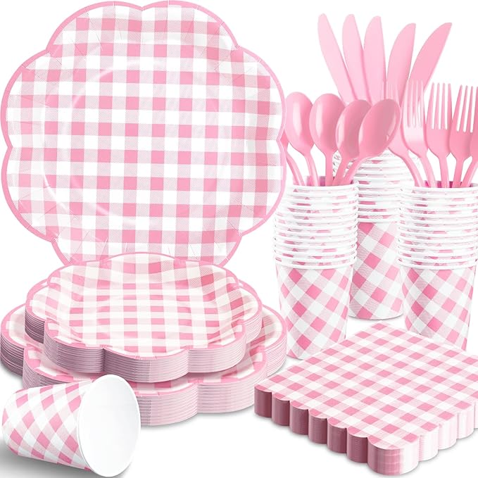 175 Pcs Pink Gingham Plates and Napkins Party Supplies - Pink and White Checkered Plates Sets Serve 25 Guests - Scalloped Gingham Paper Plate for Birthday Wedding Picnic Party Decorations-HomvellaHome