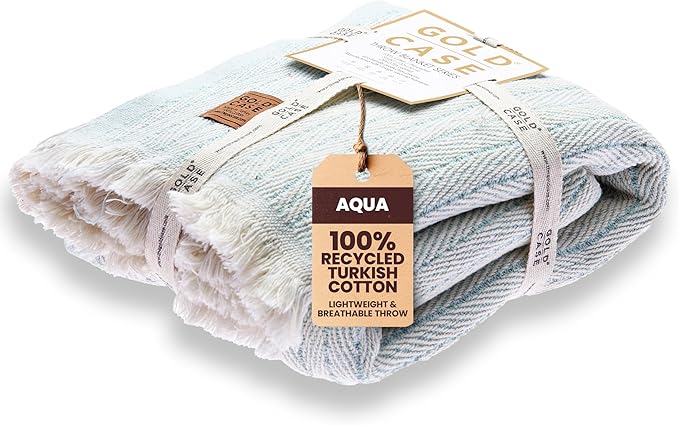 Gold Case Throw Blanket for Couch – 100% Recycled Turkish Cotton Blankets & Throws – Elegant Decorative Throw Blankets for Living Room Sofa – Woven Throws for Couch – Vintage Aqua– 50x60-HomvellaHome