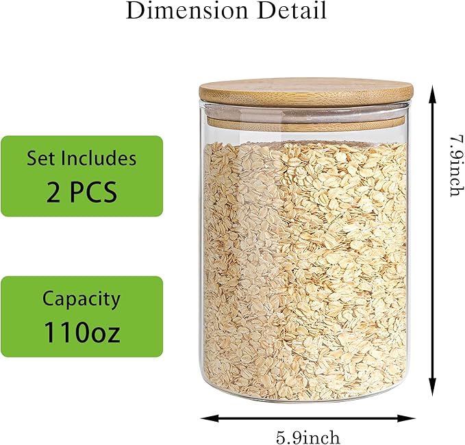 Glass Storage Jars Set Elegant Containers with Airtight Bamboo Lids, Perfect for Kitchen Organization - Flour, Rice, Pasta, Sugar, Coffee Beans, Accessories Included (2 packs(111oz))-HomvellaHome